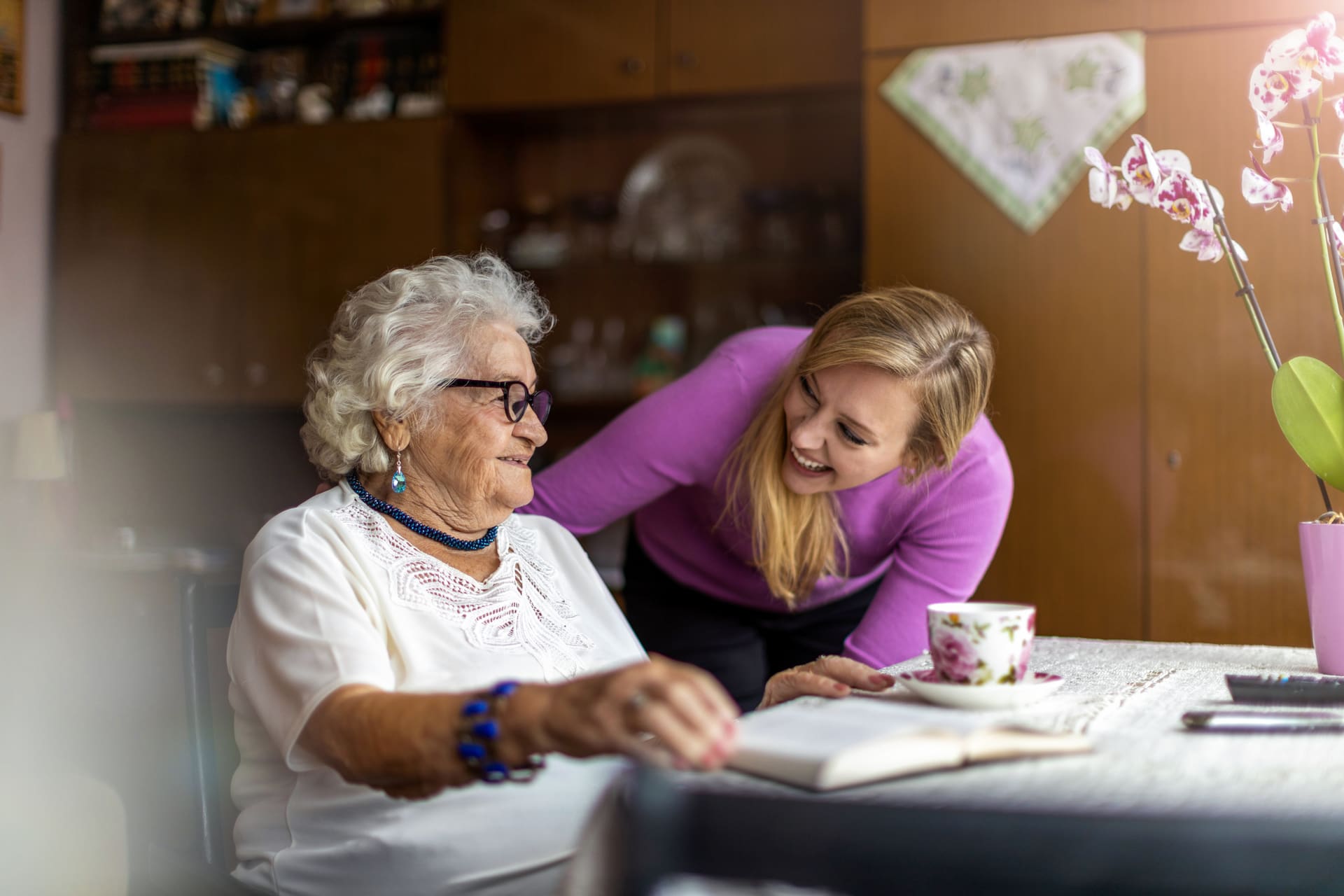 Family caregiver with her mother at home in Michigan